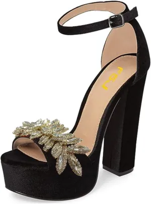 FSJ Women Sexy Ankle Strap Platform Sandal Chunky High Heel Open Toe Velvet Summer Shoes Flower Size 4-15 M US