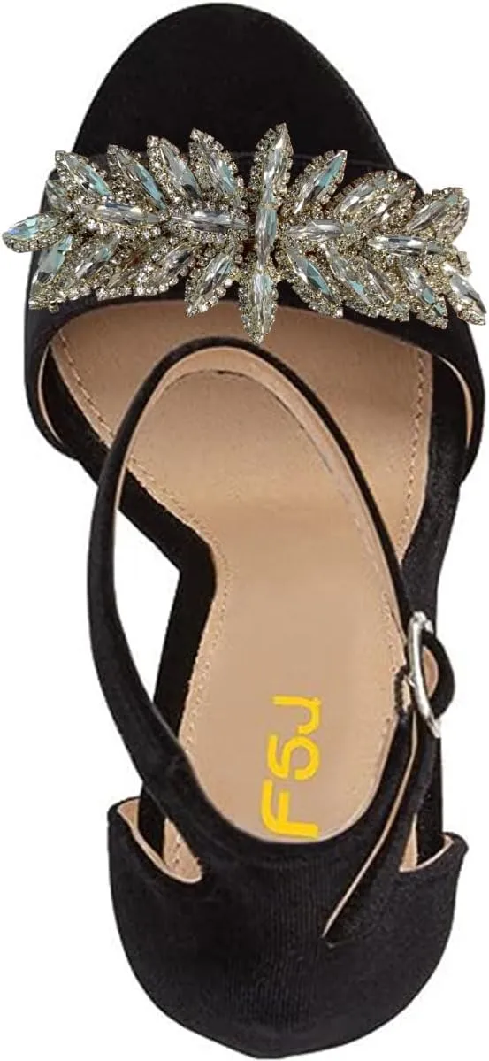 FSJ Women Sexy Ankle Strap Platform Sandal Chunky High Heel Open Toe Velvet Summer Shoes Flower Size 4-15 M US