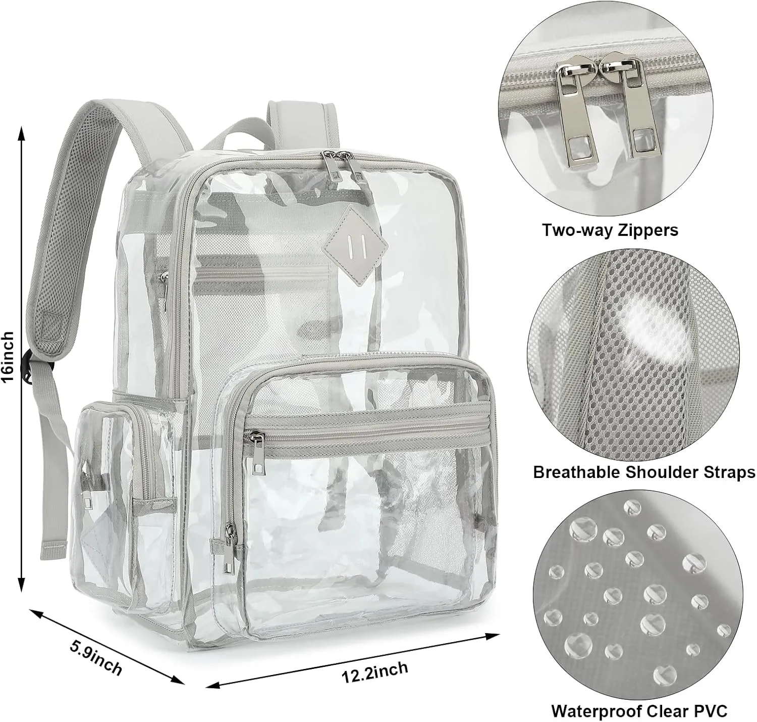 Fuyicat Heavy Duty Clear Backpack for Girls Boys Women Men, PVC Transparent School Backpacks See Through College Bookbag (Light Grey)