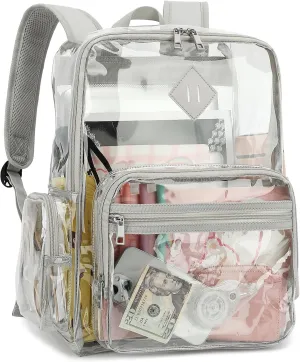 Fuyicat Heavy Duty Clear Backpack for Girls Boys Women Men, PVC Transparent School Backpacks See Through College Bookbag (Light Grey)