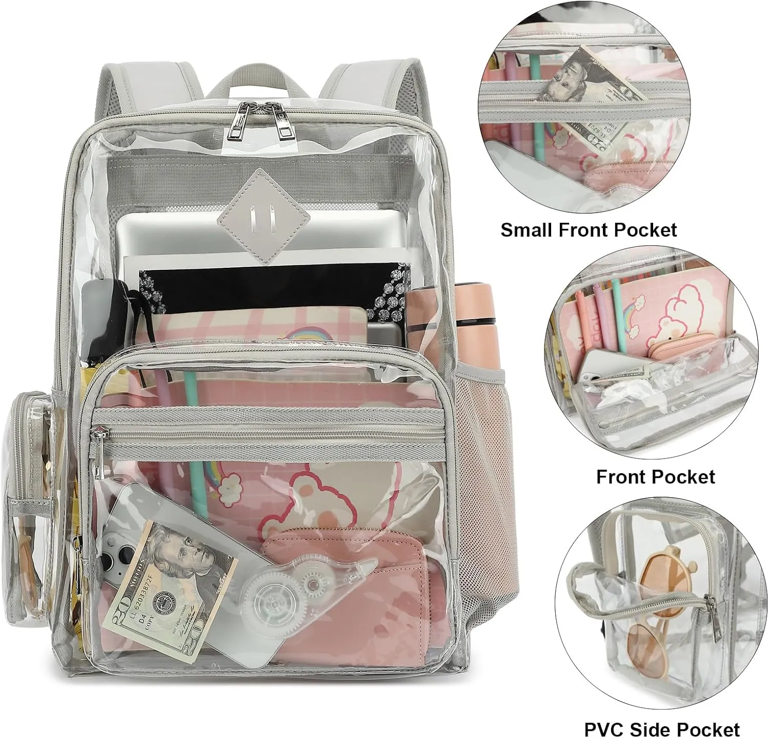 Fuyicat Heavy Duty Clear Backpack for Girls Boys Women Men, PVC Transparent School Backpacks See Through College Bookbag (Light Grey)
