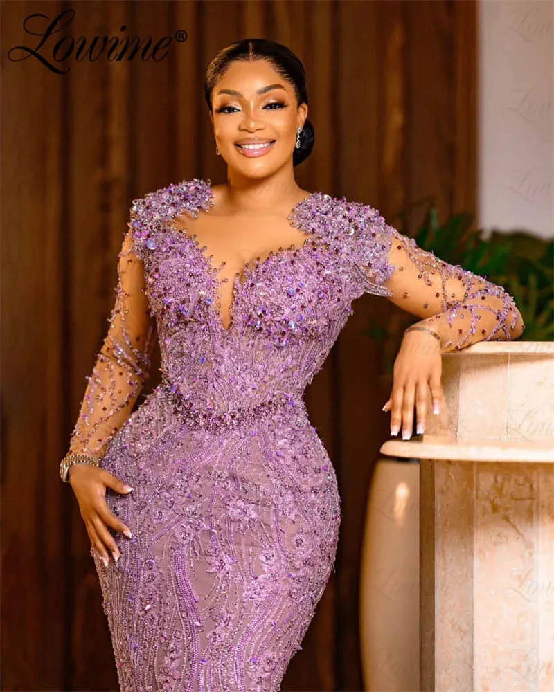 FZ Women's Plus Size Mermaid Floral Lace Beads Full Crystals Evening Dress