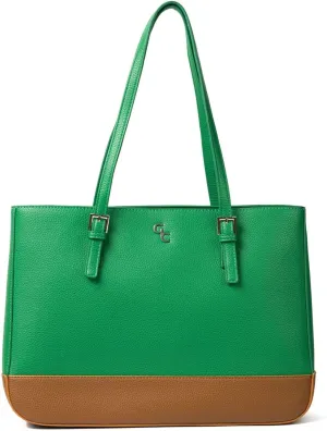 GALWAY Irish Crystal Handbags - Large Two Tone Tote Bag, 15”L x 4.7”W x 11”H, Green/Brown - Luxury Vegan Leather Bag