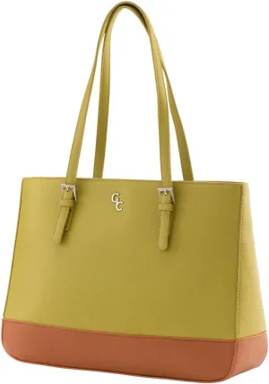 GALWAY Irish Crystal Handbags - Large Two Tone Tote Bag, 15”L x 4.7”W x 11”H, Lime & Tan - Luxury Vegan Leather Bag