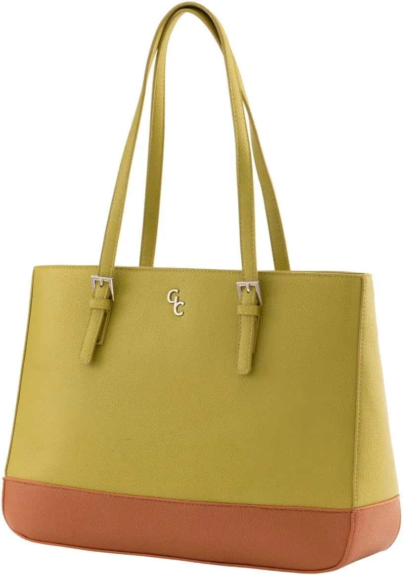 GALWAY Irish Crystal Handbags - Large Two Tone Tote Bag, 15”L x 4.7”W x 11”H, Lime & Tan - Luxury Vegan Leather Bag