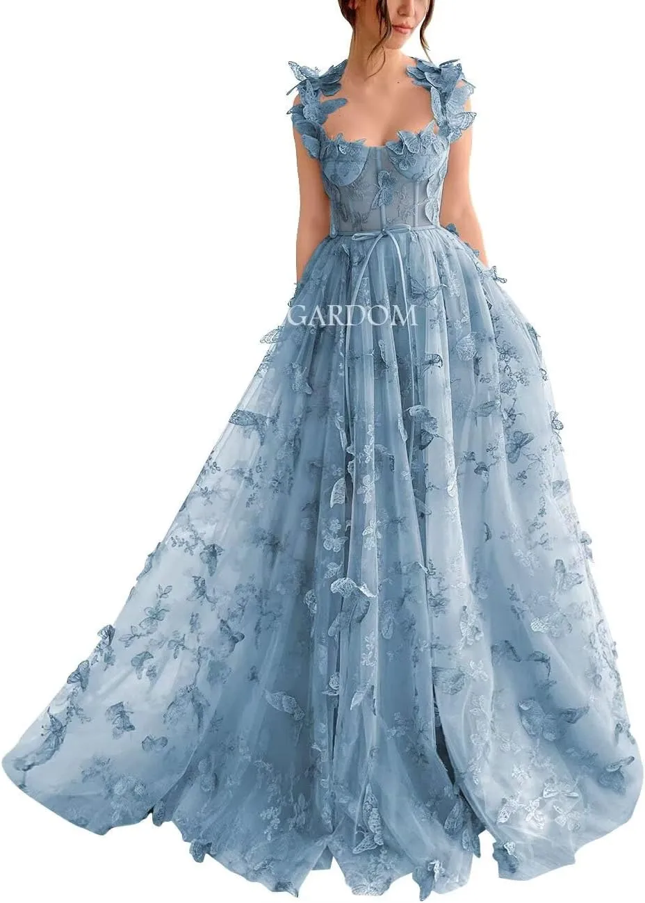 GARDOM 3D Butterfly Tulle Prom Dresses with Slit Fairy Ball Gown Lace Appliques Evening Formal Party Dress with Pockets Long
