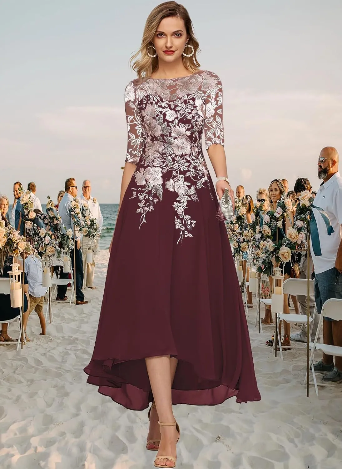 GARDOM Embroidery Midi Mother of The Bride Dresses for Wedding Tea Length Half Sleeve Lace Chiffon Formal Evening Gowns
