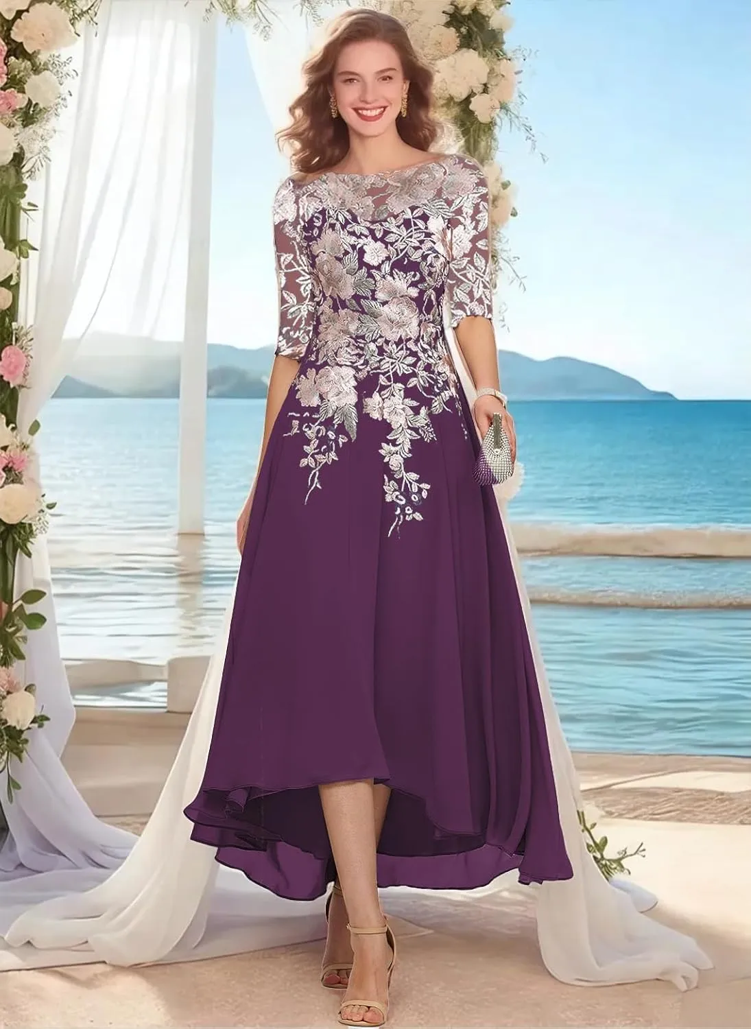 GARDOM Embroidery Midi Mother of The Bride Dresses for Wedding Tea Length Half Sleeve Lace Chiffon Formal Evening Gowns