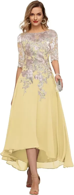 GARDOM Embroidery Midi Mother of The Bride Dresses for Wedding Tea Length Half Sleeve Lace Chiffon Formal Evening Gowns