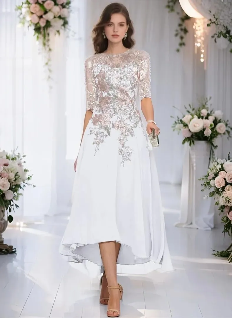 GARDOM Embroidery Midi Mother of The Bride Dresses for Wedding Tea Length Half Sleeve Lace Chiffon Formal Evening Gowns