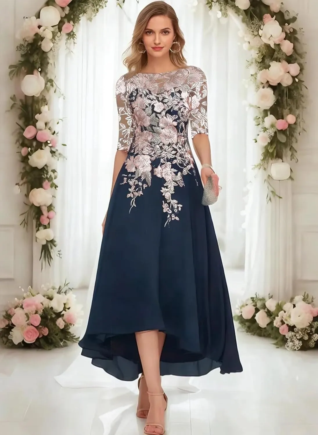 GARDOM Embroidery Midi Mother of The Bride Dresses for Wedding Tea Length Half Sleeve Lace Chiffon Formal Evening Gowns