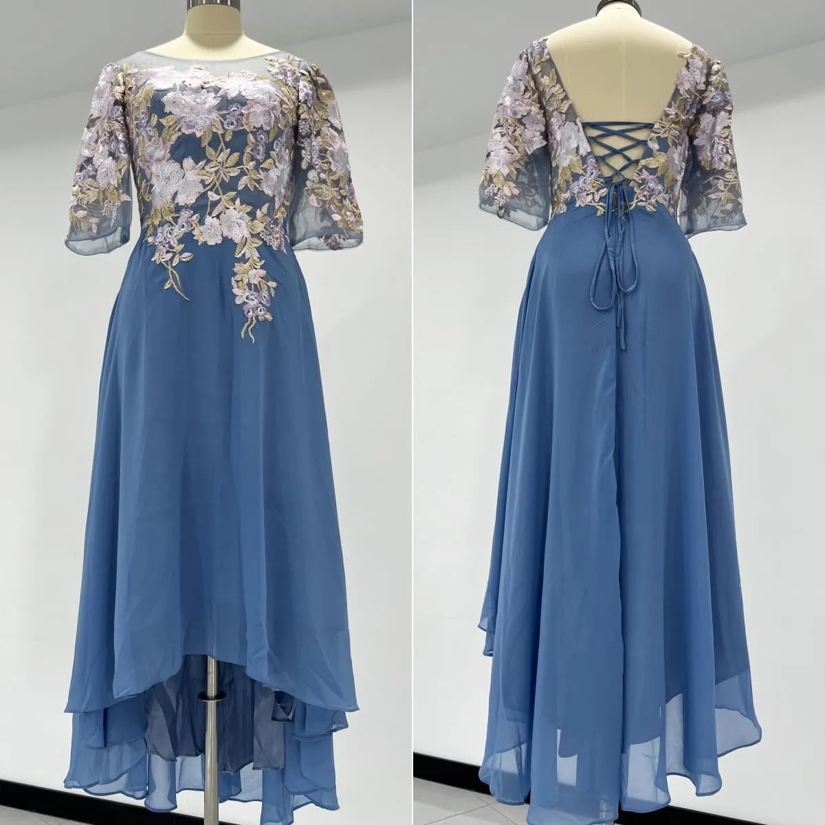 GARDOM Embroidery Midi Mother of The Bride Dresses for Wedding Tea Length Half Sleeve Lace Chiffon Formal Evening Gowns