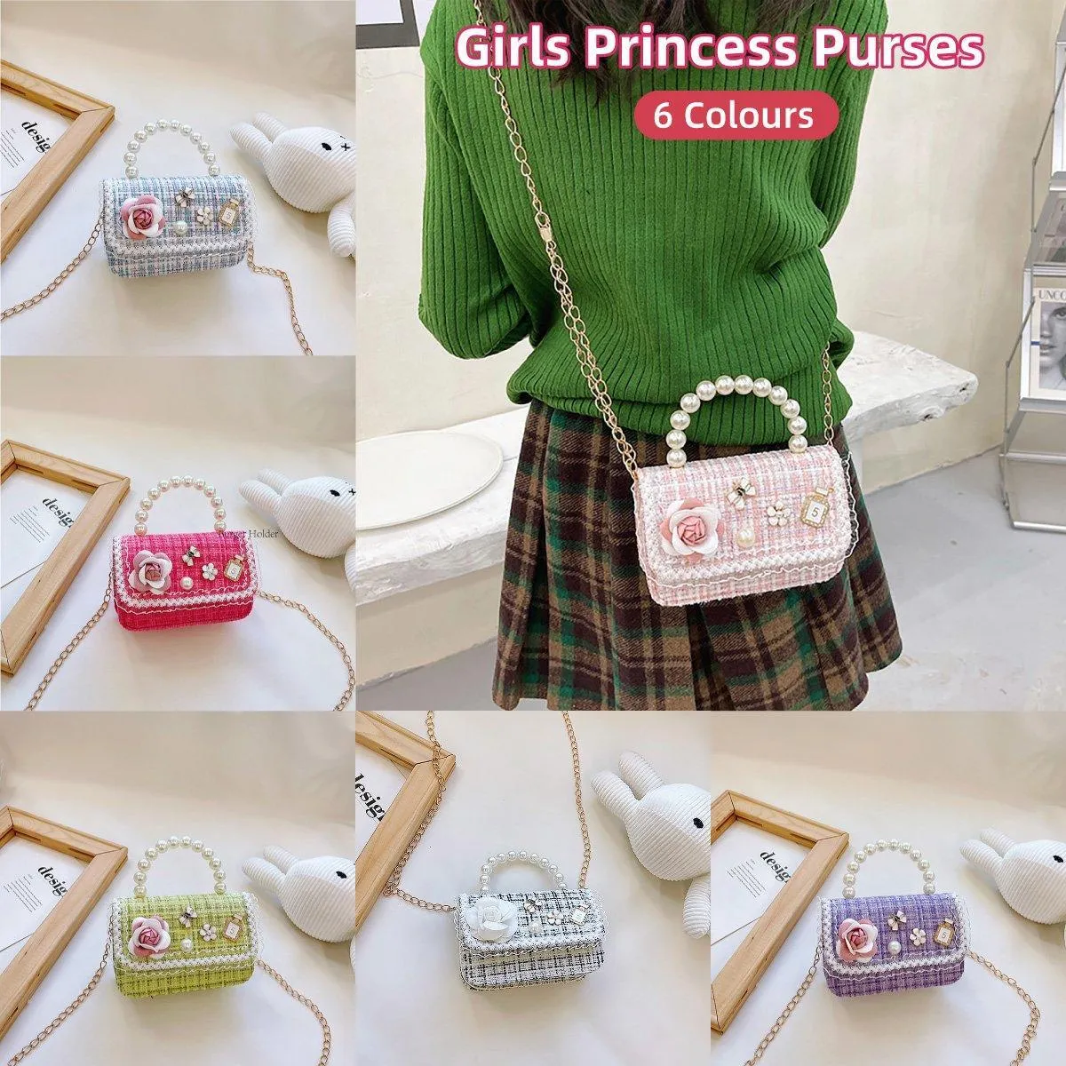 Girls Small Square Princess Handbag Chain Shoulder Bag Kids Messenger Bag