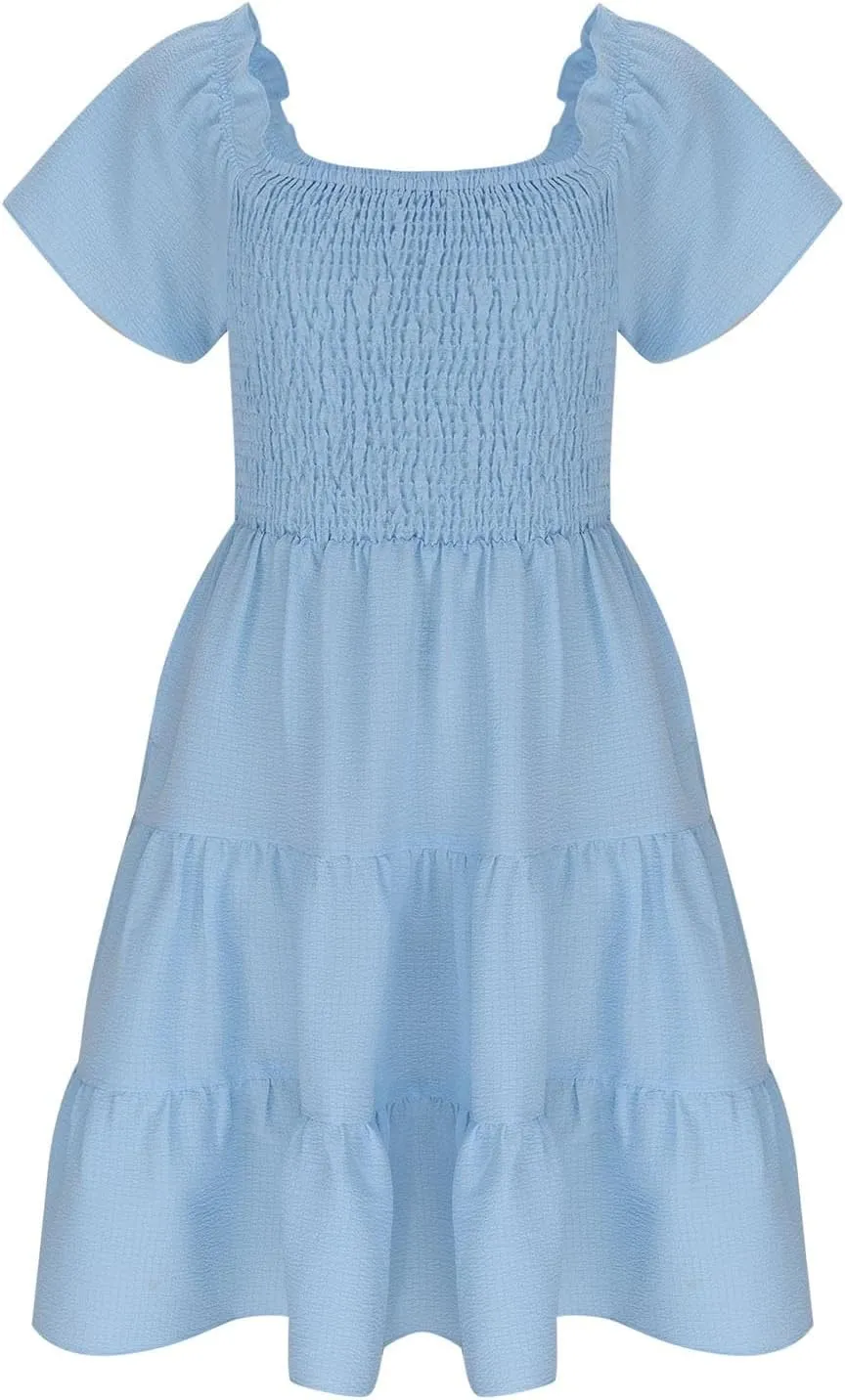 Girls Summer Dress Puff Sleeve Casual Smocked A Line Midi Dress Double Tiered Swing Flowy Tween Sundress for 5-14 Y