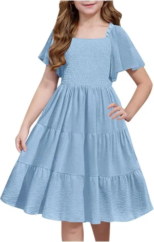 Girls Summer Dress Puff Sleeve Casual Smocked A Line Midi Dress Double Tiered Swing Flowy Tween Sundress for 5-14 Y