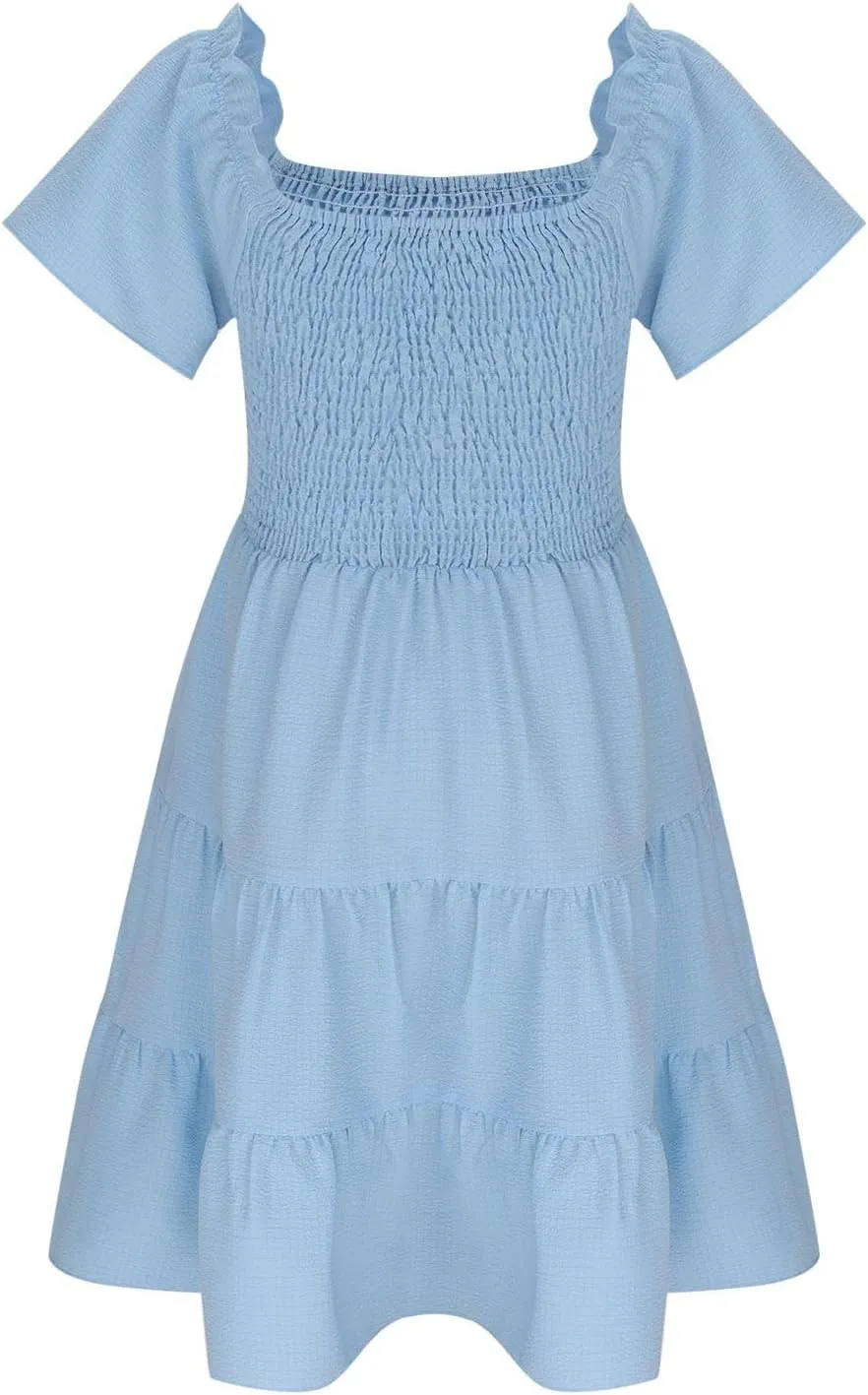 Girls Summer Dress Puff Sleeve Casual Smocked A Line Midi Dress Double Tiered Swing Flowy Tween Sundress for 5-14 Y
