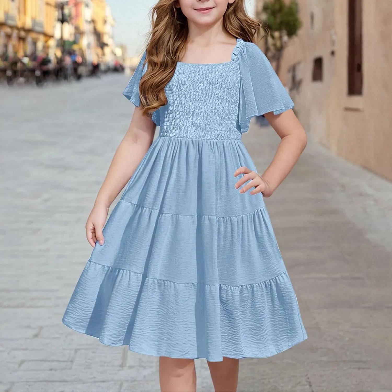 Girls Summer Dress Puff Sleeve Casual Smocked A Line Midi Dress Double Tiered Swing Flowy Tween Sundress for 5-14 Y