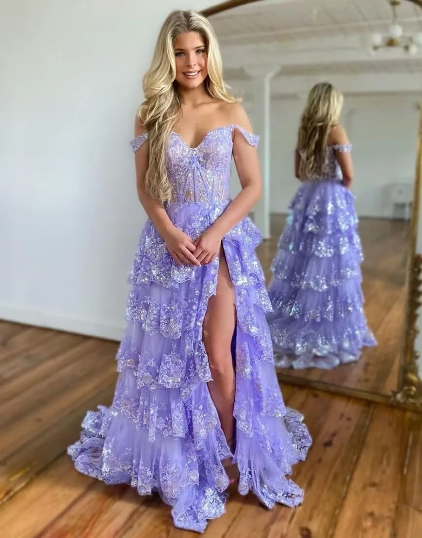 Glitter Tiered Tulle Lace Prom Dresses Long for Teens 2024 Spaghetti Straps Formal Wedding Evening Gowns VS035