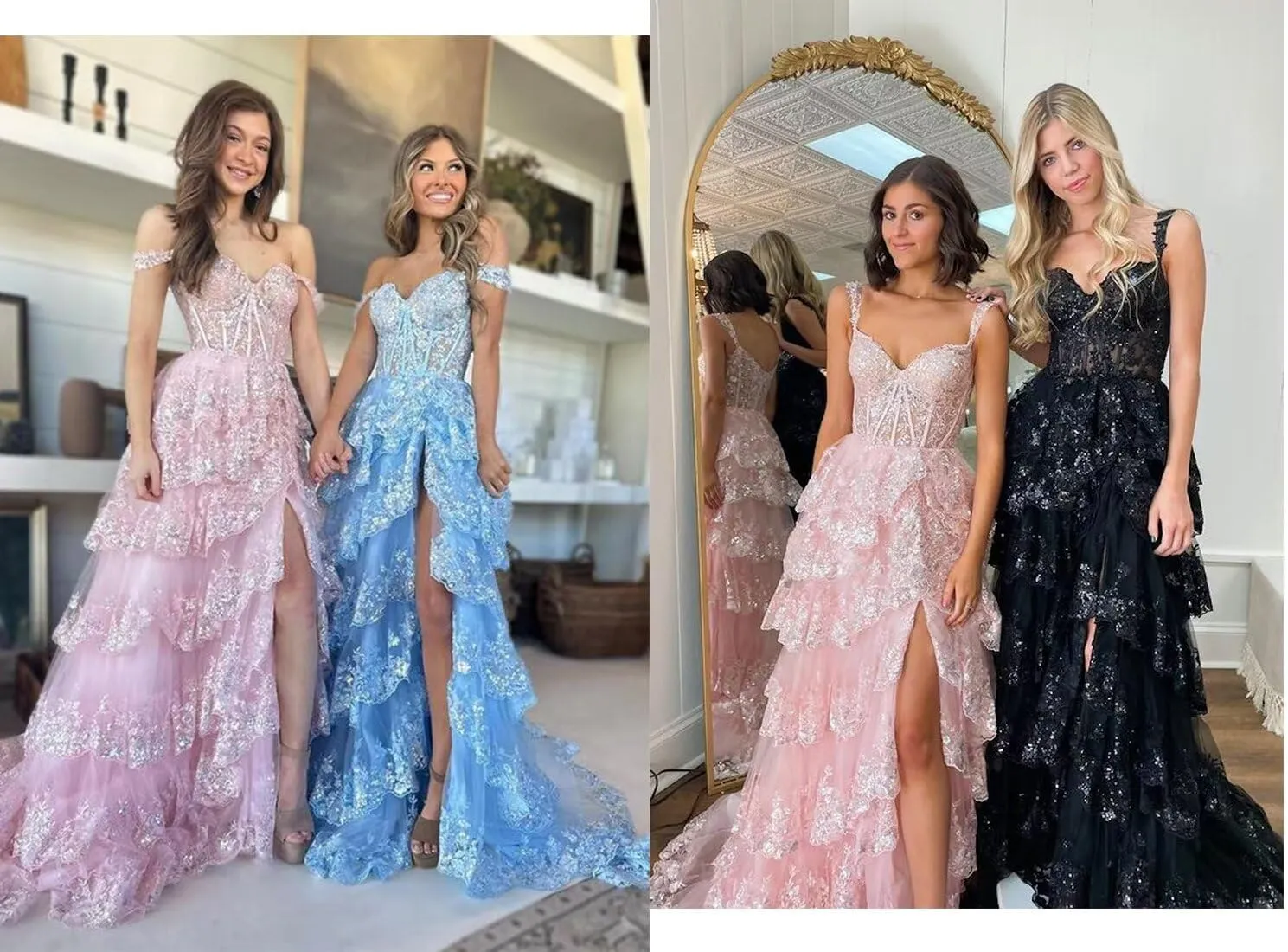 Glitter Tiered Tulle Lace Prom Dresses Long for Teens 2024 Spaghetti Straps Formal Wedding Evening Gowns VS035