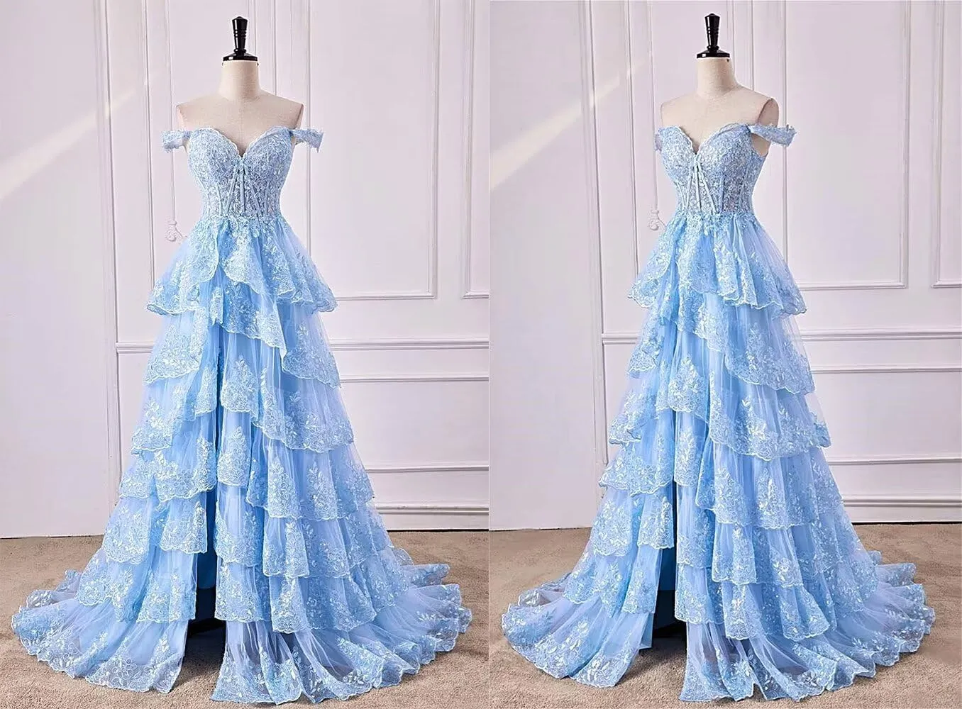 Glitter Tiered Tulle Lace Prom Dresses Long for Teens 2024 Spaghetti Straps Formal Wedding Evening Gowns VS035