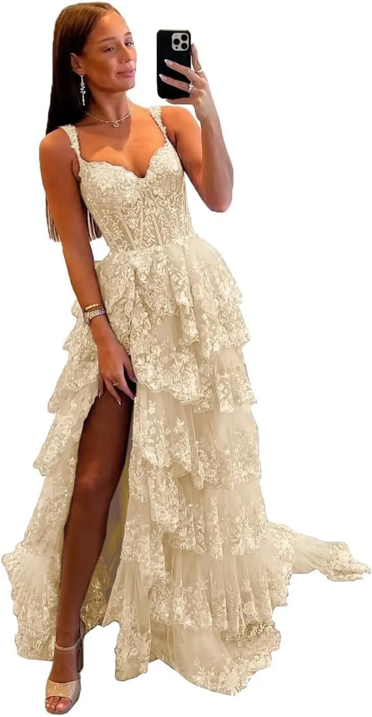 Glitter Tiered Tulle Lace Prom Dresses Long for Teens 2024 Spaghetti Straps Formal Wedding Evening Gowns VS035