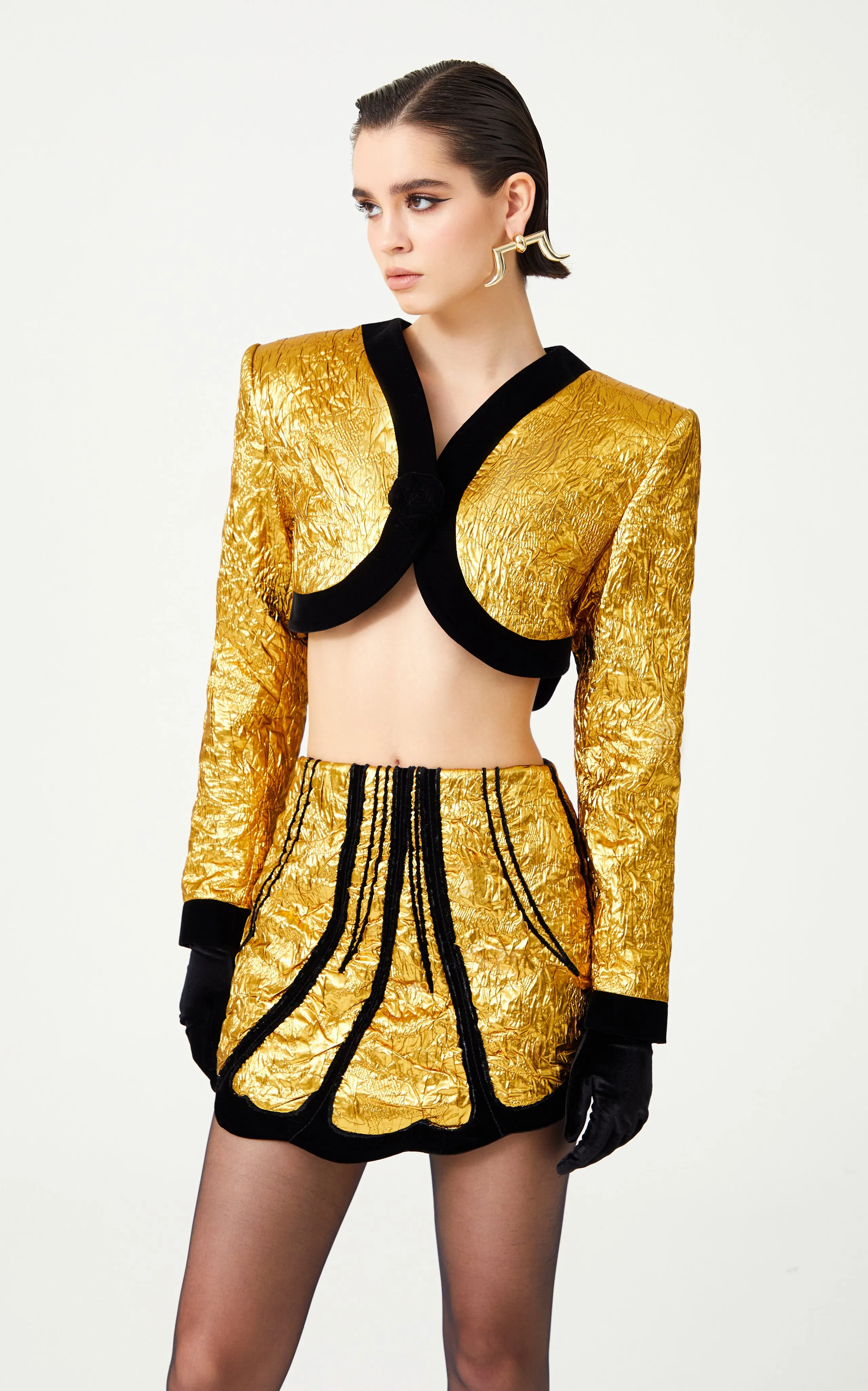 Gold Art-Deco Styled Mini Jacket With Black Velvet Details