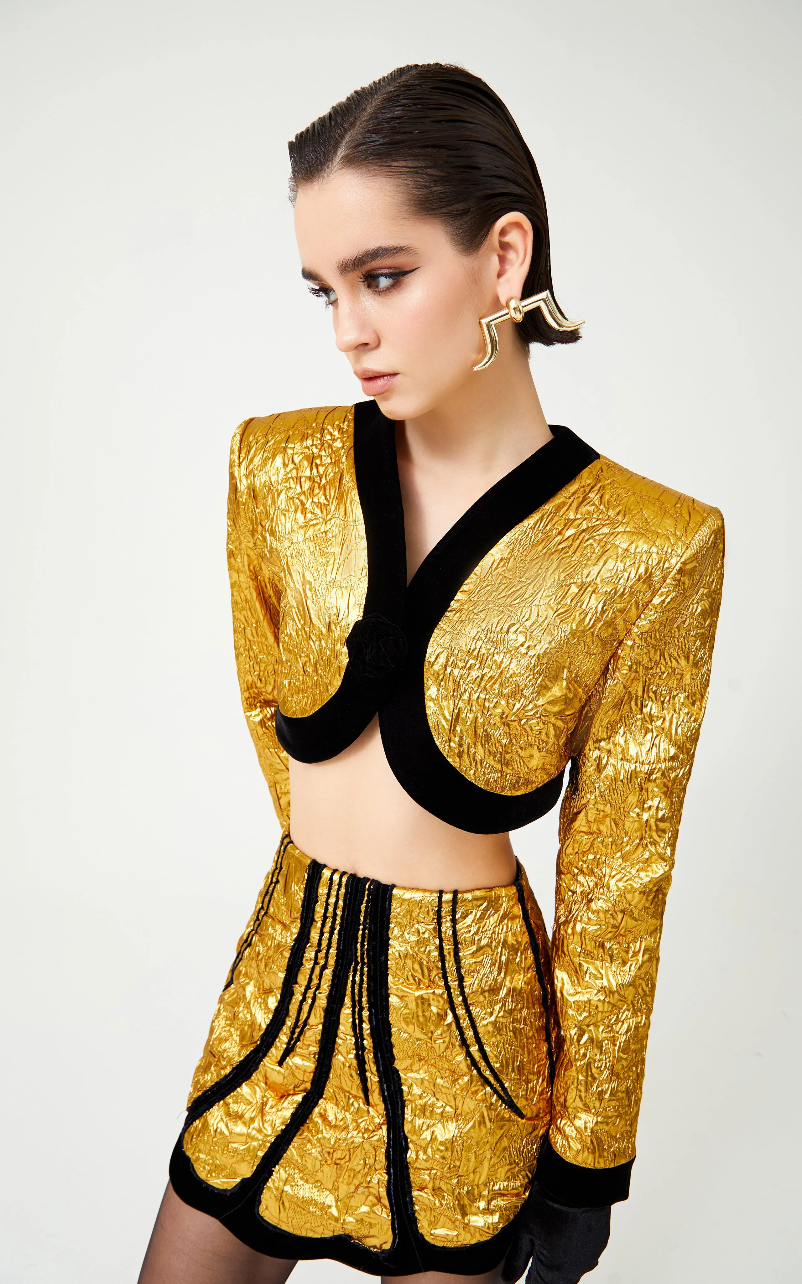 Gold Art-Deco Styled Mini Jacket With Black Velvet Details