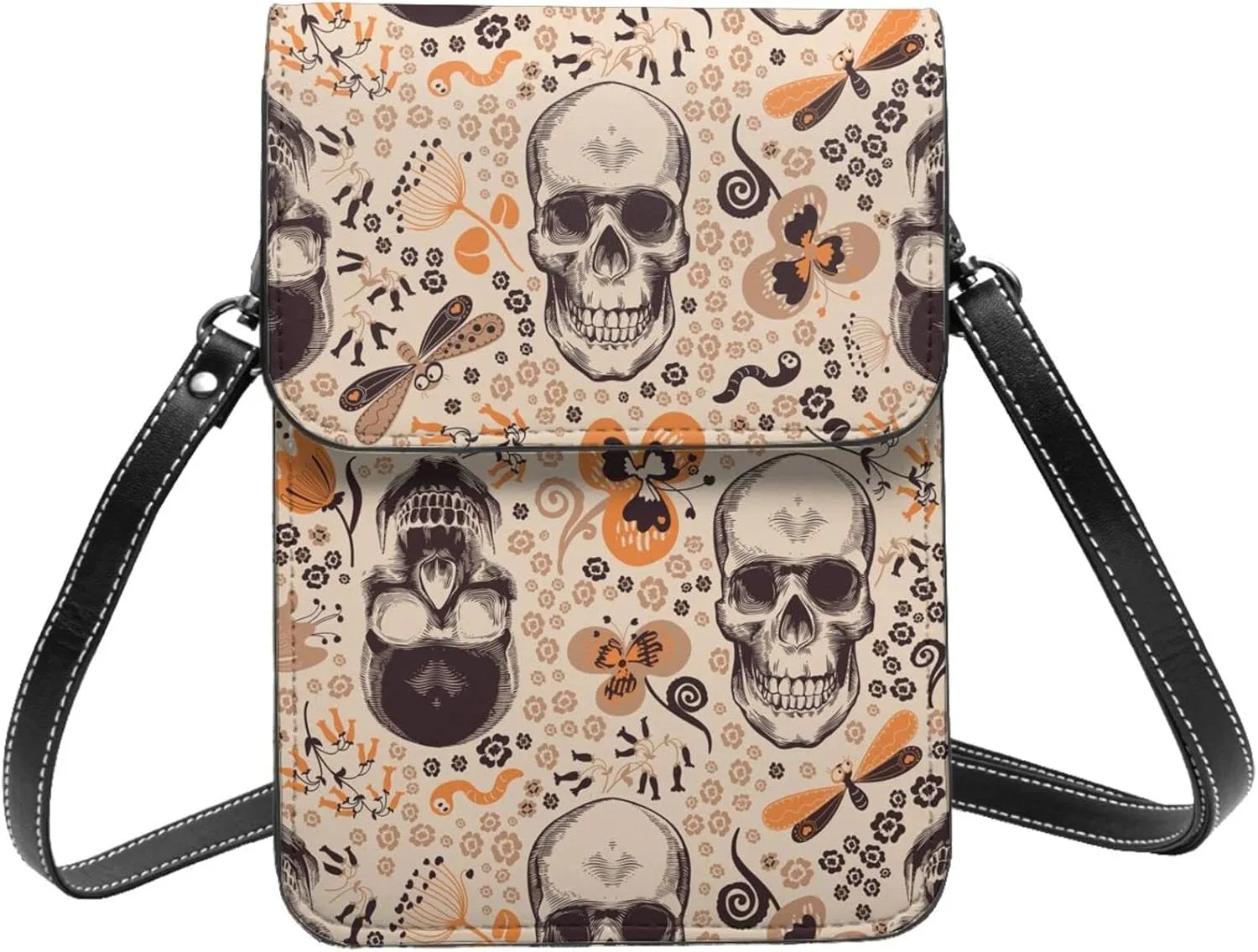 Gorgeous floral skeleton skulls woodcut retro Crossbody Cell Phone Purse for Women Girls Leather Mini Cross Body Bags Small Shoulder Bags