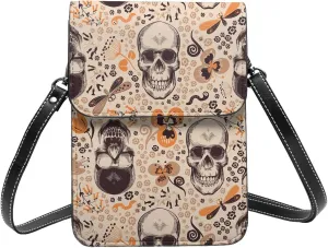 Gorgeous floral skeleton skulls woodcut retro Crossbody Cell Phone Purse for Women Girls Leather Mini Cross Body Bags Small Shoulder Bags