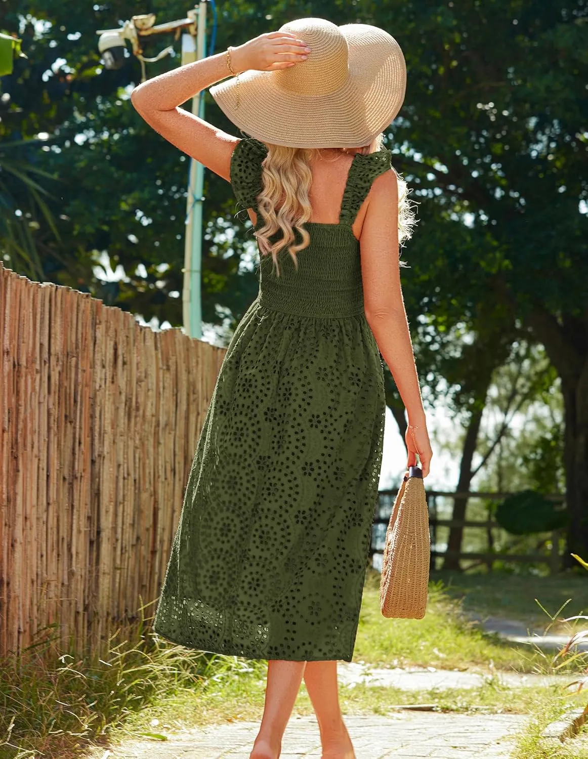 GRACE KARIN Women's 2025 Summer Ruffle Sleeve Midi Dress Square Neck Hollow Out Eyelet Smocked Beach Long Dress with Pockets