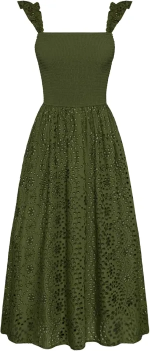 GRACE KARIN Women's 2025 Summer Ruffle Sleeve Midi Dress Square Neck Hollow Out Eyelet Smocked Beach Long Dress with Pockets