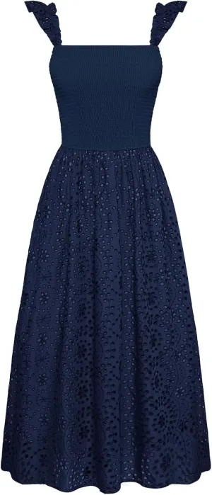 GRACE KARIN Women's 2025 Summer Ruffle Sleeve Midi Dress Square Neck Hollow Out Eyelet Smocked Beach Long Dress with Pockets