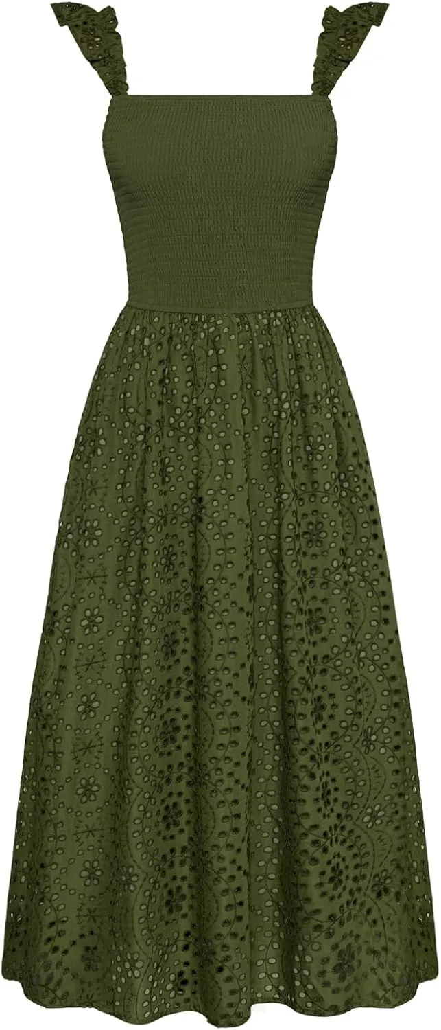 GRACE KARIN Women's 2025 Summer Ruffle Sleeve Midi Dress Square Neck Hollow Out Eyelet Smocked Beach Long Dress with Pockets