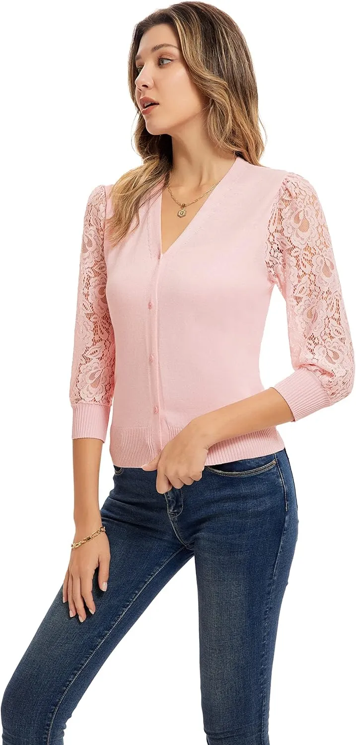 GRACE KARIN Women's Summer Cardigan Lightweight V Neck Lace 3/4 Sleeve Button Front Sweaters
