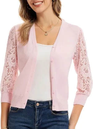 GRACE KARIN Women's Summer Cardigan Lightweight V Neck Lace 3/4 Sleeve Button Front Sweaters