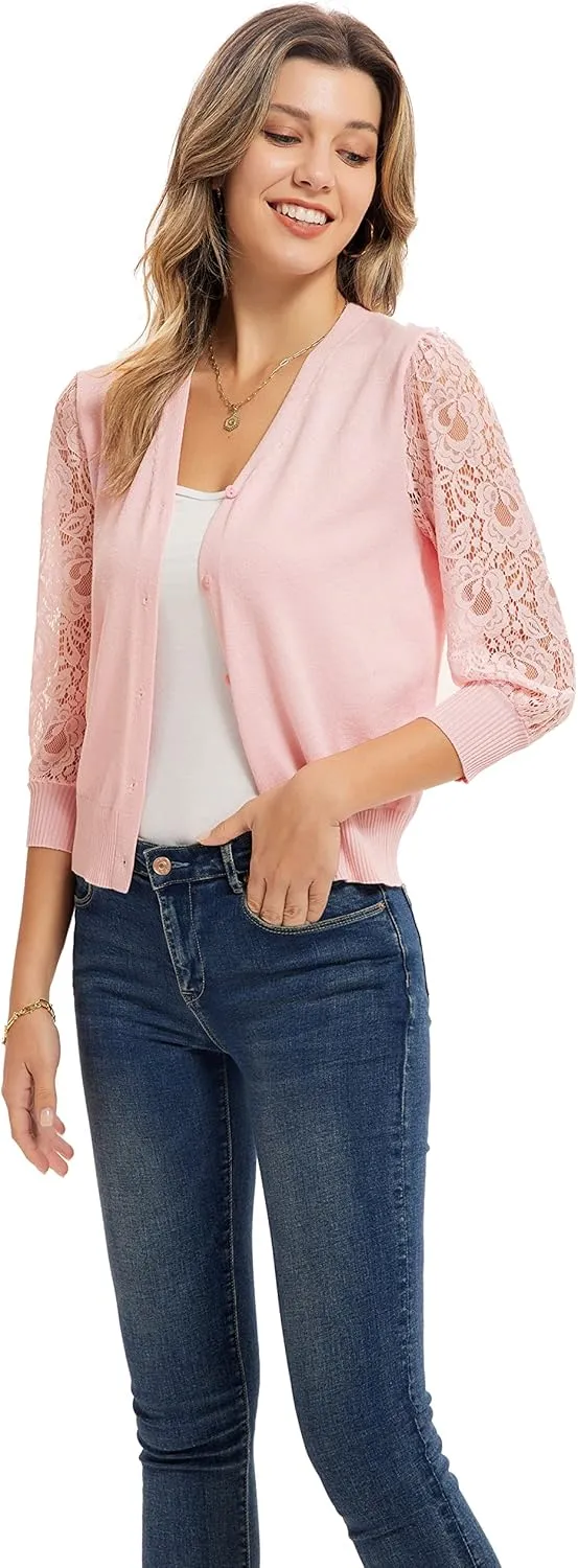 GRACE KARIN Women's Summer Cardigan Lightweight V Neck Lace 3/4 Sleeve Button Front Sweaters