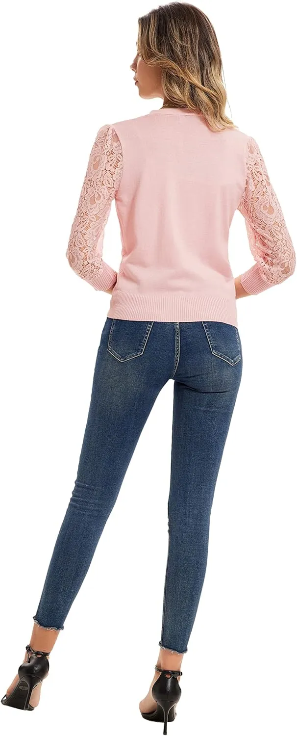 GRACE KARIN Women's Summer Cardigan Lightweight V Neck Lace 3/4 Sleeve Button Front Sweaters