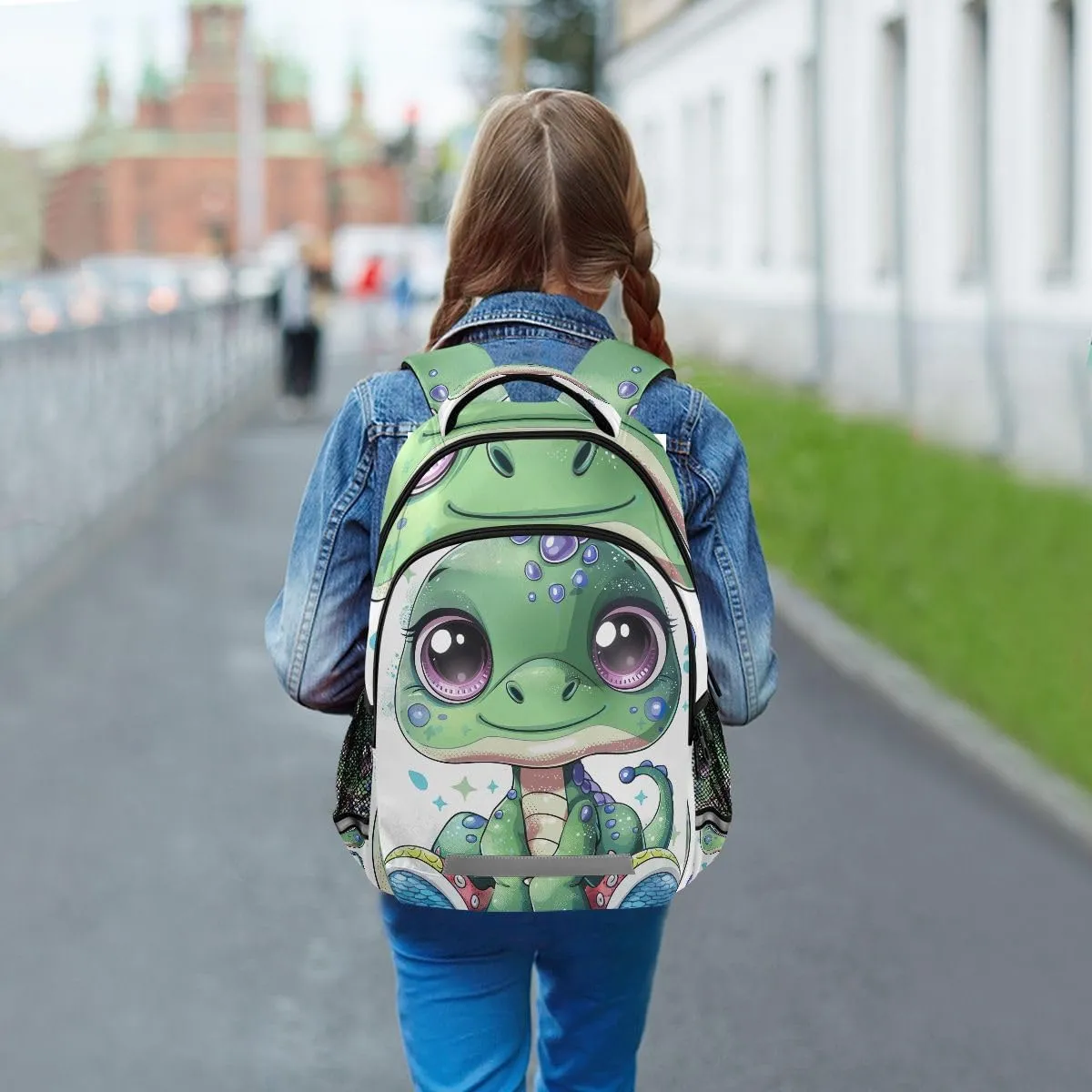 Green Cartoon Dinosaur Backpack for Boys Elementary School, Fits 6-12 Years Old, 16 Inch