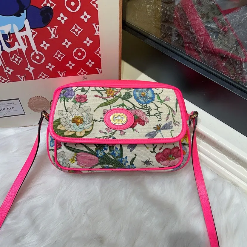 Gucci Floral Canvas Pink Leather Crossbody Bag Medium