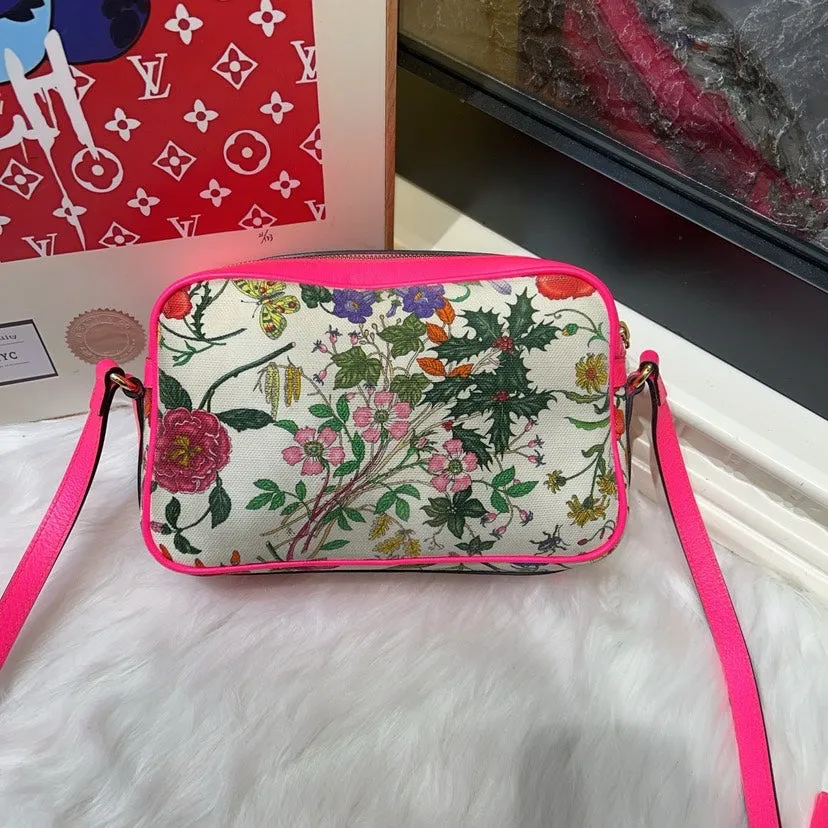Gucci Floral Canvas Pink Leather Crossbody Bag Medium