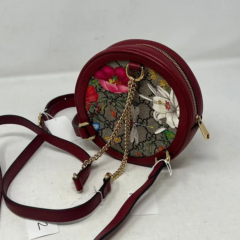 Gucci GG Marmont Floral Canvas and Leather Round Crossbody Bag in Red