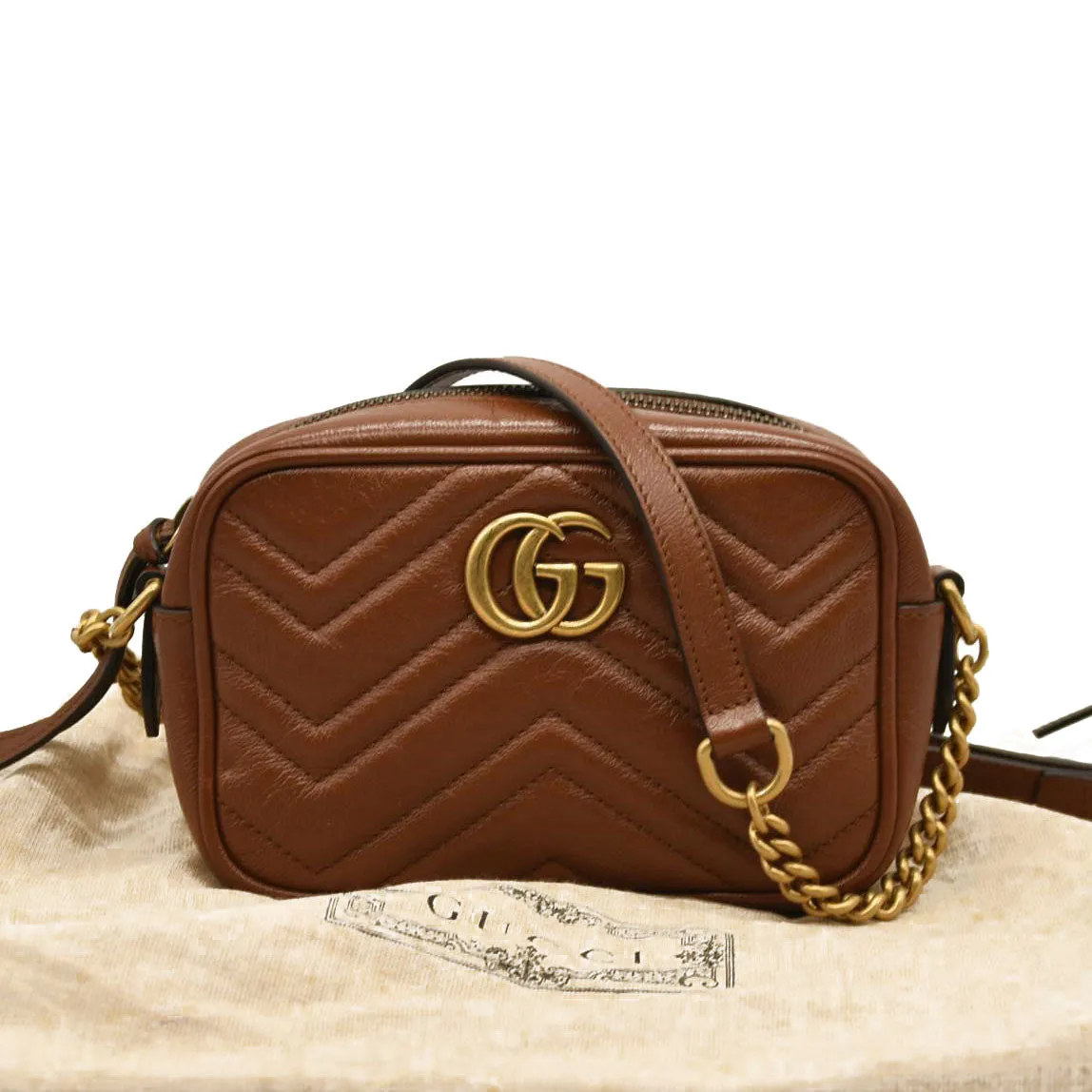 GUCCI Glazed Calfskin Matelasse Mini GG Marmont Chain Shoulder Bag Cuir