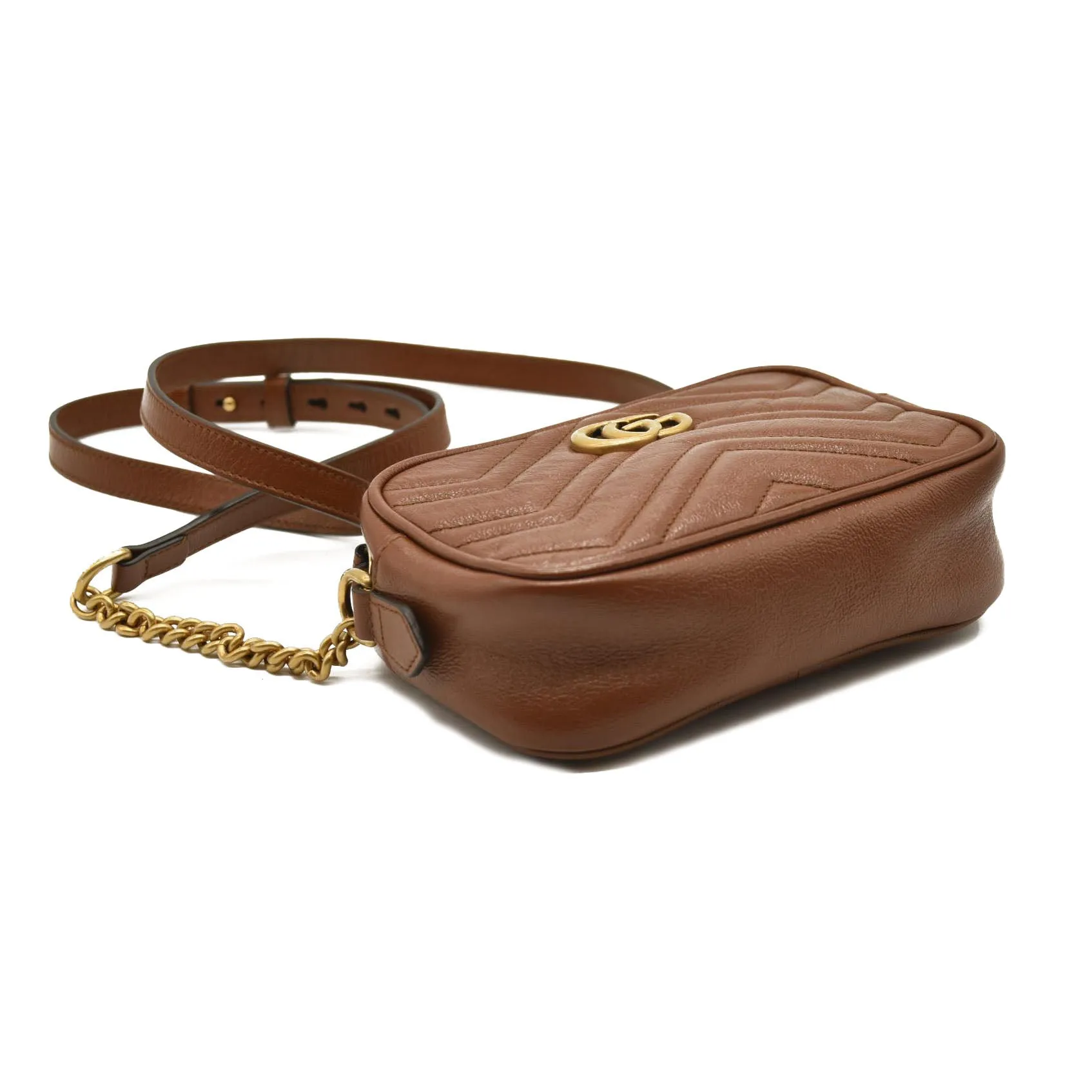 GUCCI Glazed Calfskin Matelasse Mini GG Marmont Chain Shoulder Bag Cuir
