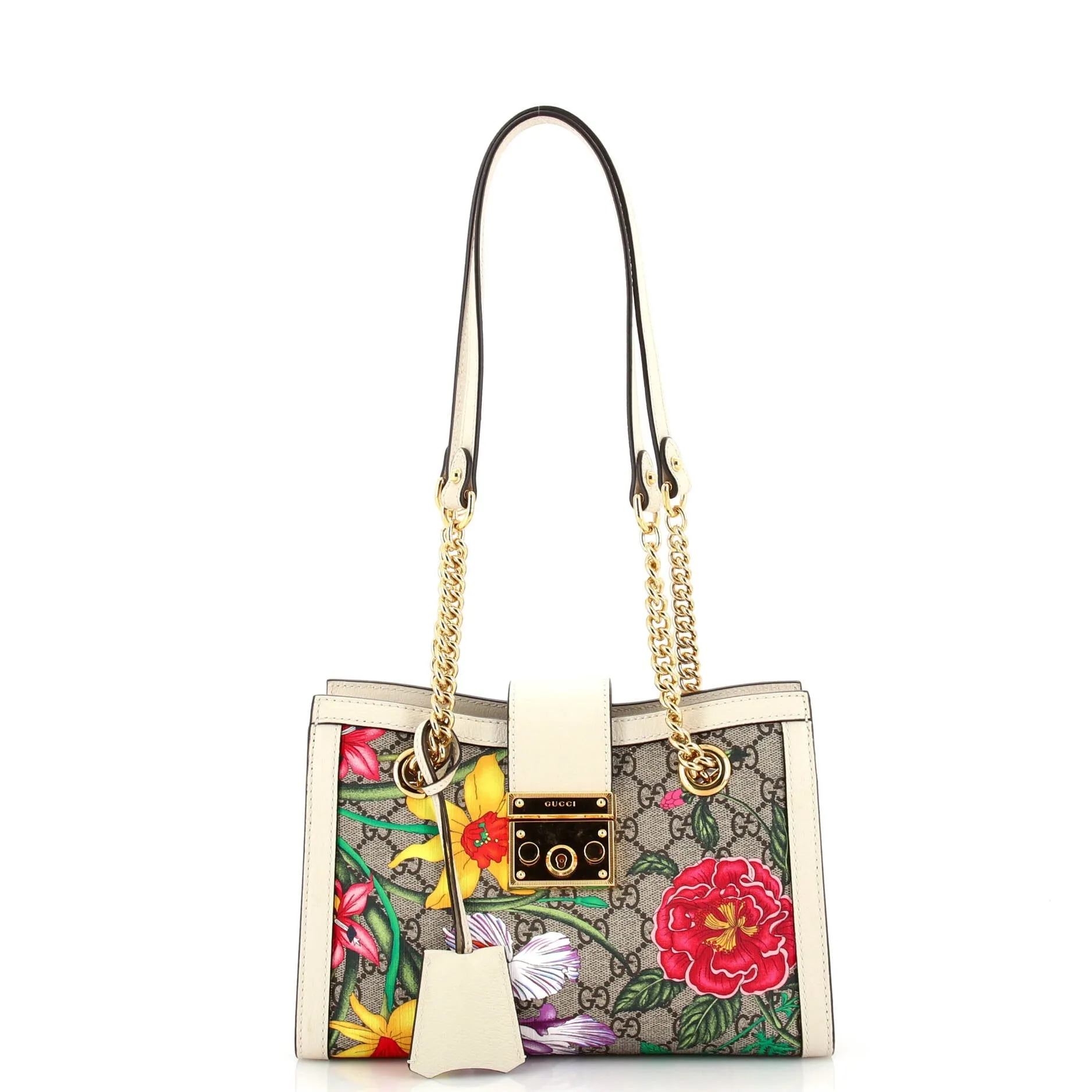 GUCCI Padlock Chain Tote Flora GG Coated Canvas Small