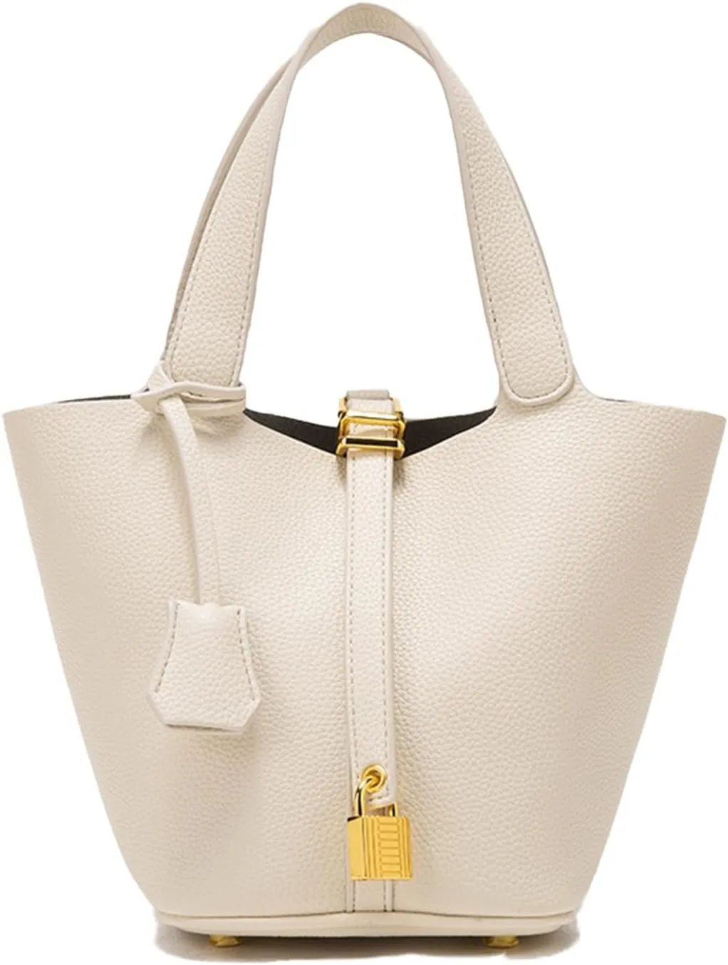 Handbag for Women Leather Vegetable Basket with Lock Bucket Bag Solid Color Tote Bag Fashion Genuine Leather