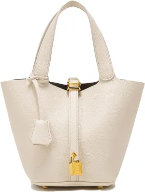 Handbag for Women Leather Vegetable Basket with Lock Bucket Bag Solid Color Tote Bag Fashion Genuine Leather