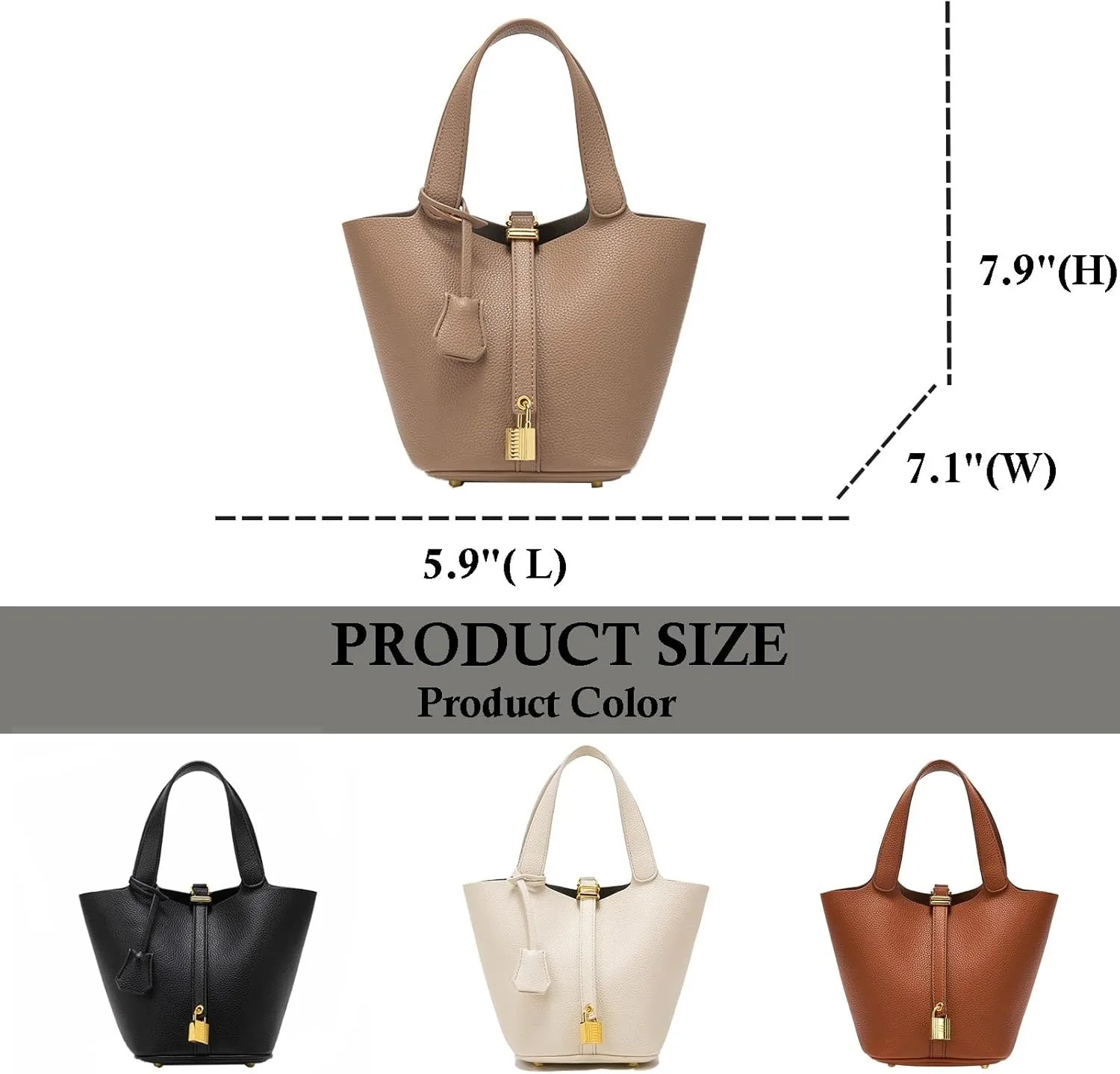 Handbag for Women Leather Vegetable Basket with Lock Bucket Bag Solid Color Tote Bag Fashion Genuine Leather