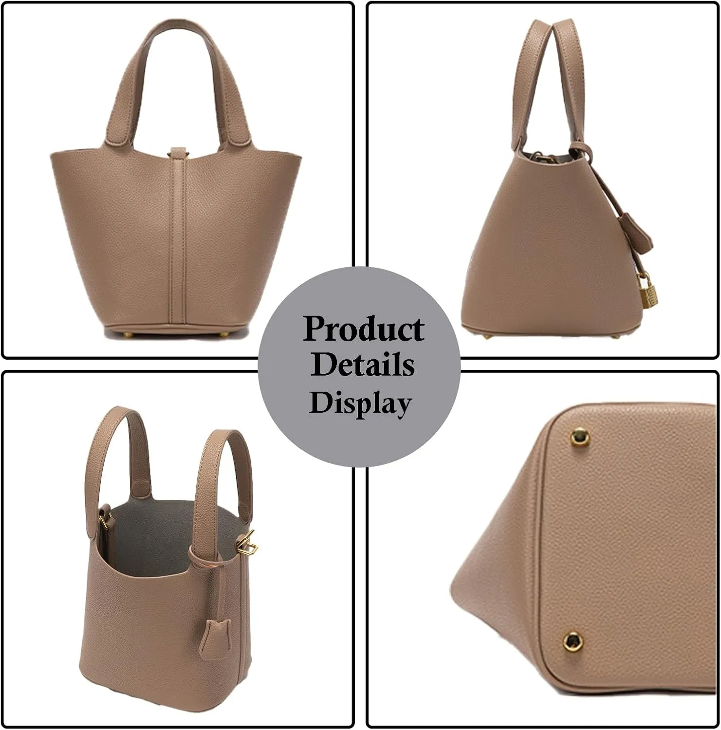 Handbag for Women Leather Vegetable Basket with Lock Bucket Bag Solid Color Tote Bag Fashion Genuine Leather