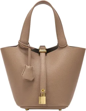 Handbag for Women Leather Vegetable Basket with Lock Bucket Bag Solid Color Tote Bag Fashion Genuine Leather