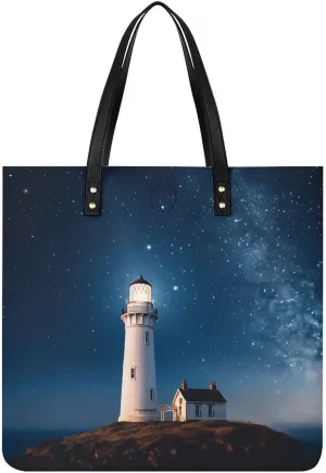 Handbags, Lighthouse Under Starry Printed Handbags,fashion Handbags,travel Handbags,computer Handbags,cute Shoulder Bags